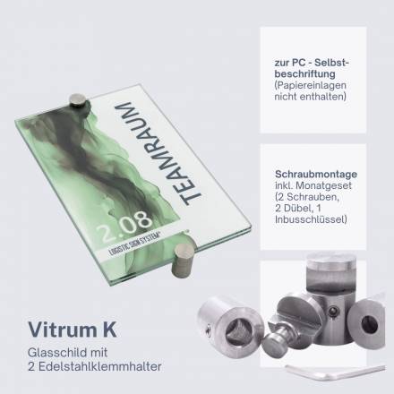 Türschild VITRUM K , Glasschild, Büroschild, Doppelglasschild